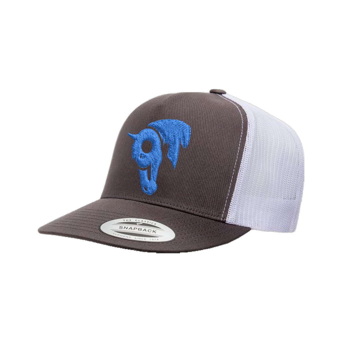 9T Horse Yupoong 6006 Hat / Charcoal/White / Blue / angle on white
