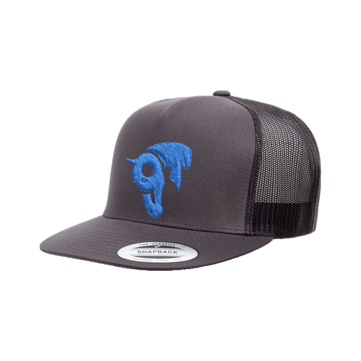9T Horse Yupoong 6006 Hat / Charcoal / Blue / angle on white