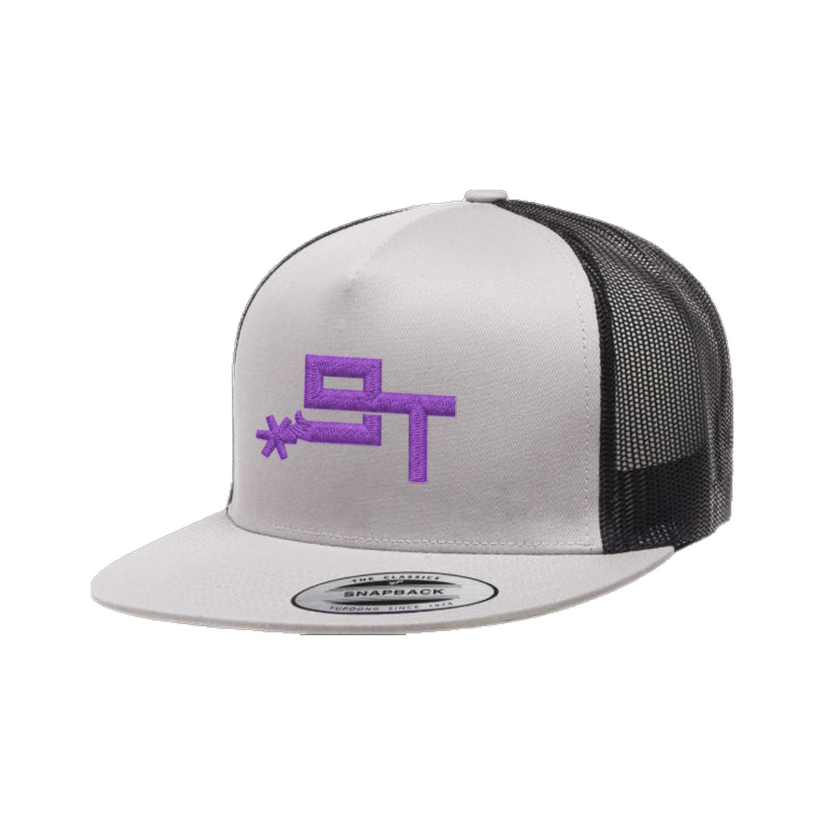 9T Spur Yupoong 6006 Hat / Black/Silver / Purple / angle on white