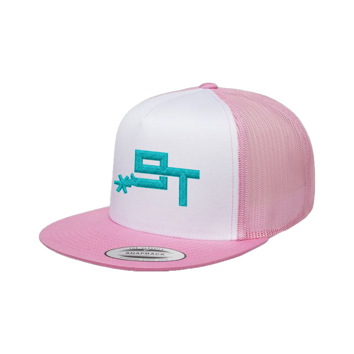 9T Spur Yupoong 6006 Hat / Pink/White/Pink / Teal / angle on white