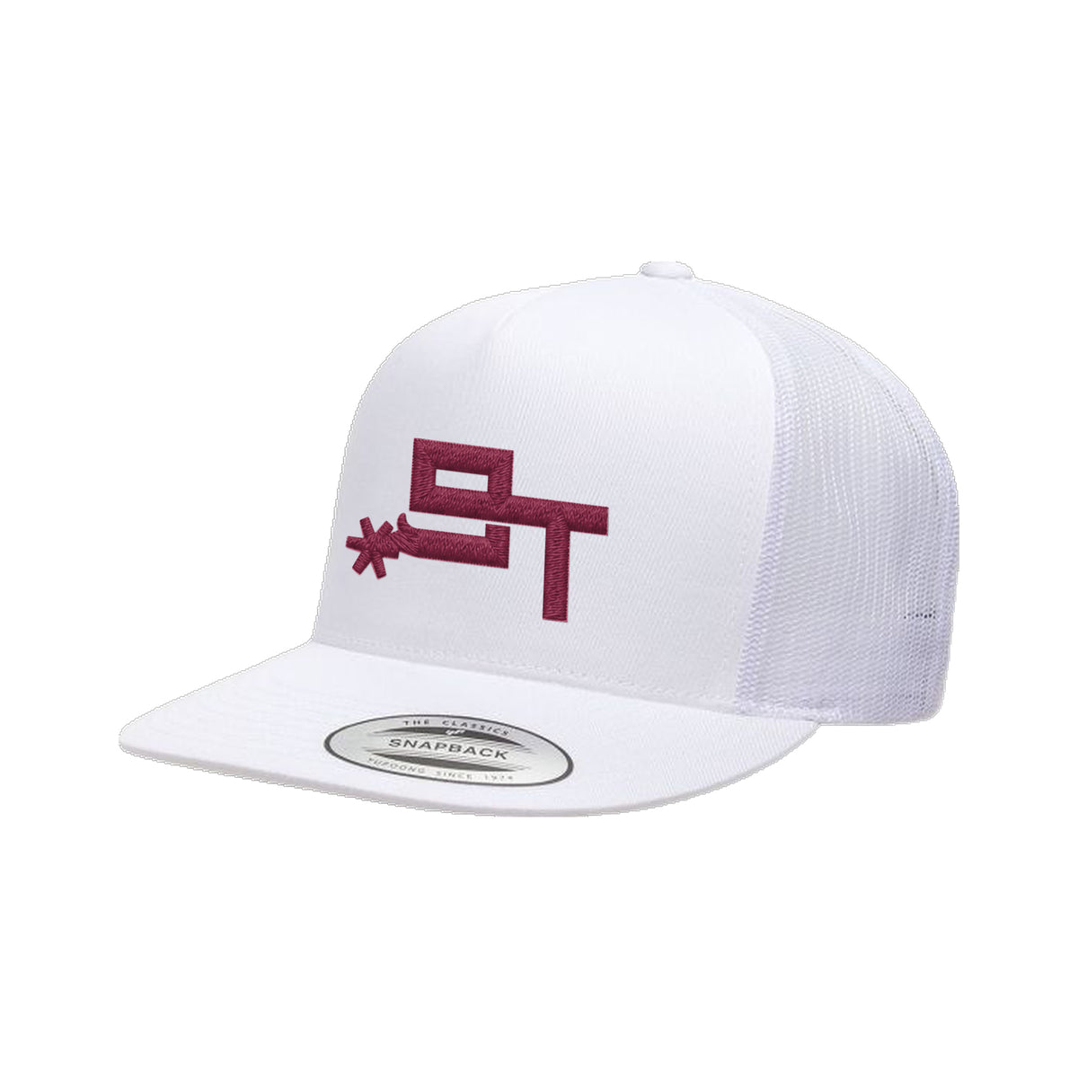 9T Spur Yupoong 6006 Hat / White / Maroon / angle on white