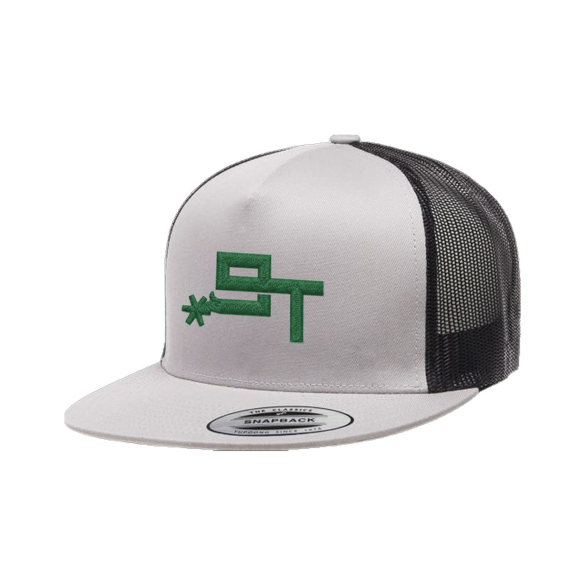 9T Spur Yupoong 6006 Hat / Black/Silver / Dark Green / angle on white