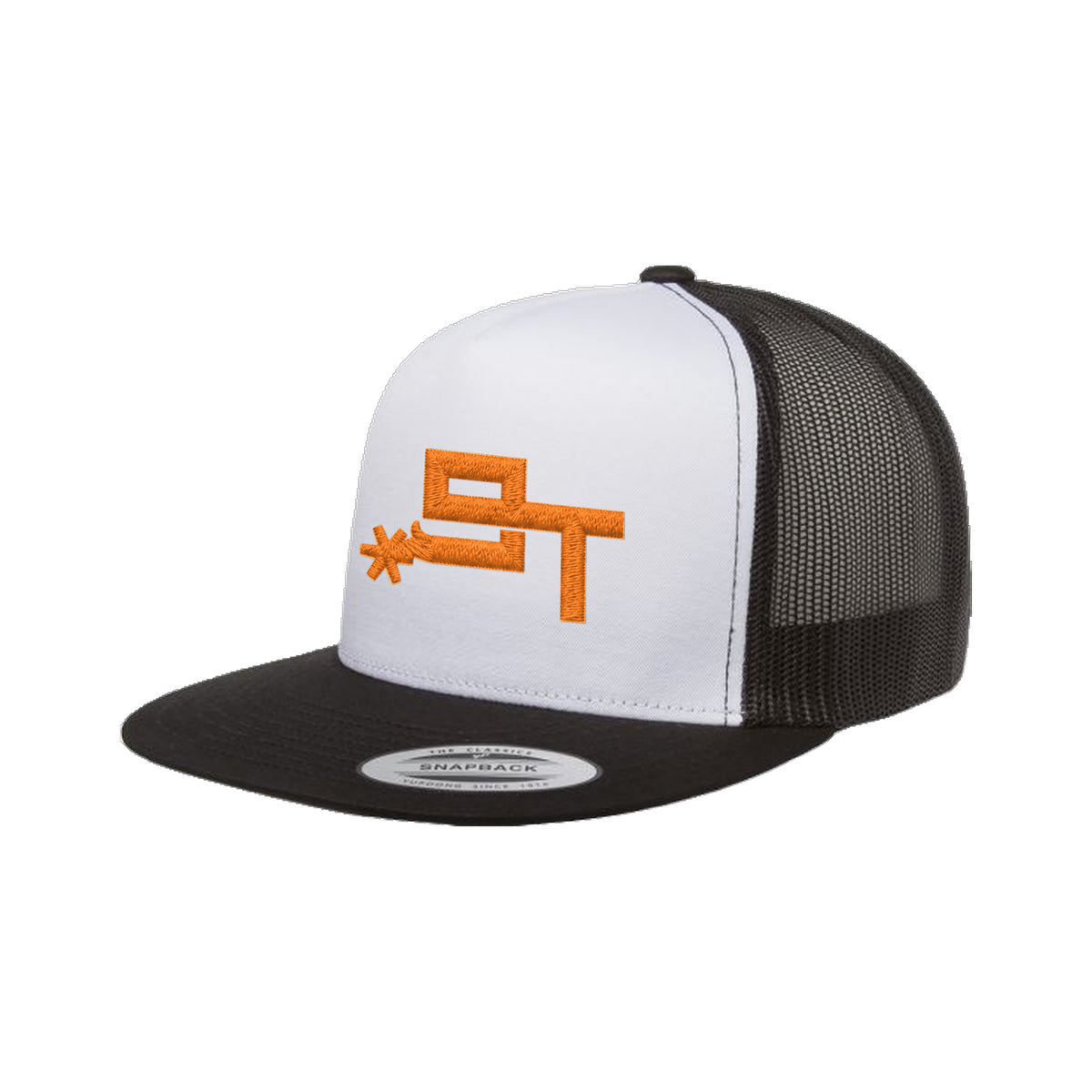 9T Spur Yupoong 6006 Hat / Black/White/Black / Orange / angle on white