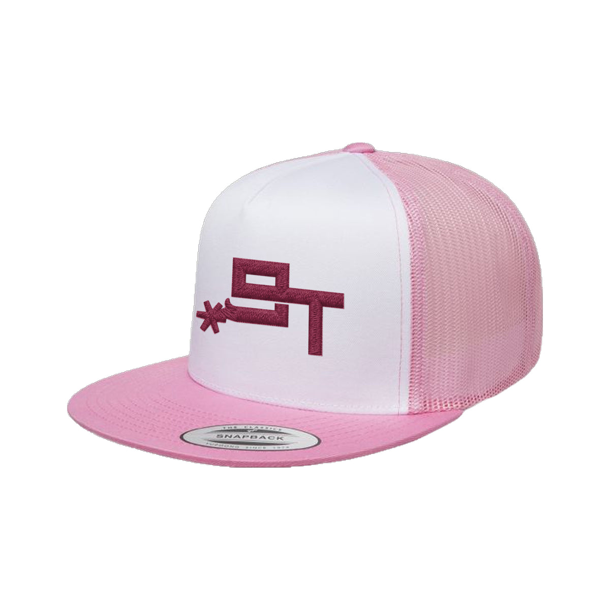 9T Spur Yupoong 6006 Hat / Pink/White/Pink / Maroon / angle on white