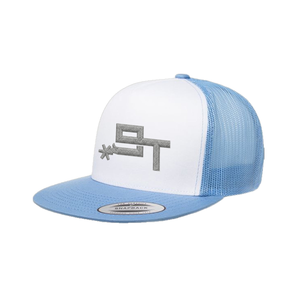 9T Spur Yupoong 6006 Hat / Carolina Blue/White/Carolina Blue / Grey / angle on white