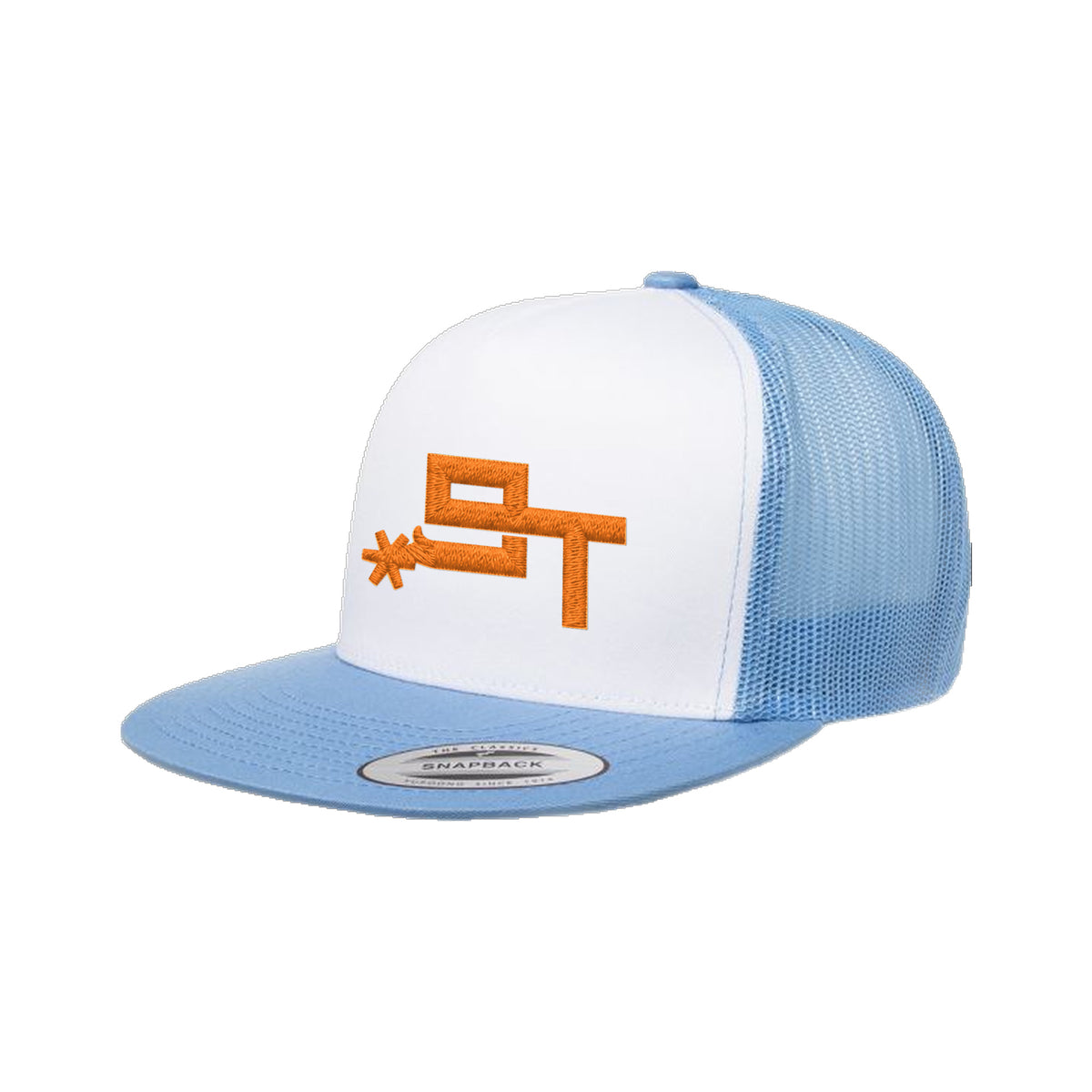 9T Spur Yupoong 6006 Hat / Carolina Blue/White/Carolina Blue / Orange / angle on white