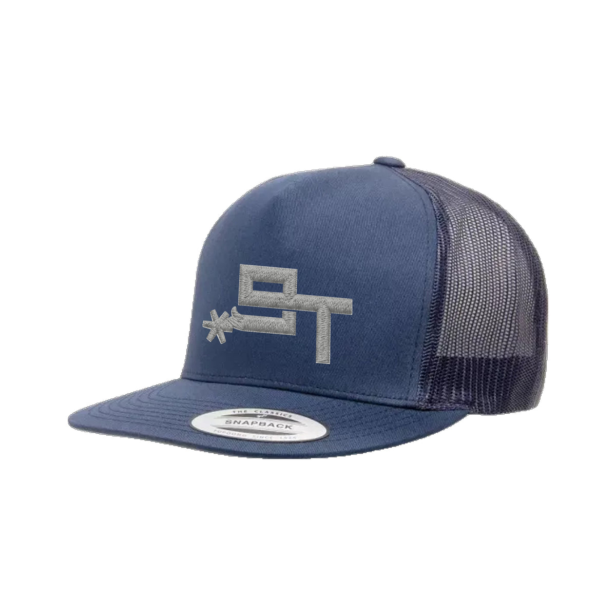 9T Spur Yupoong 6006 Hat / Navy / Grey / angle on white