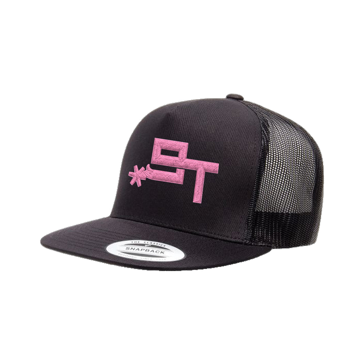 9T Spur Yupoong 6006 Hat / Black / Pink / angle on white