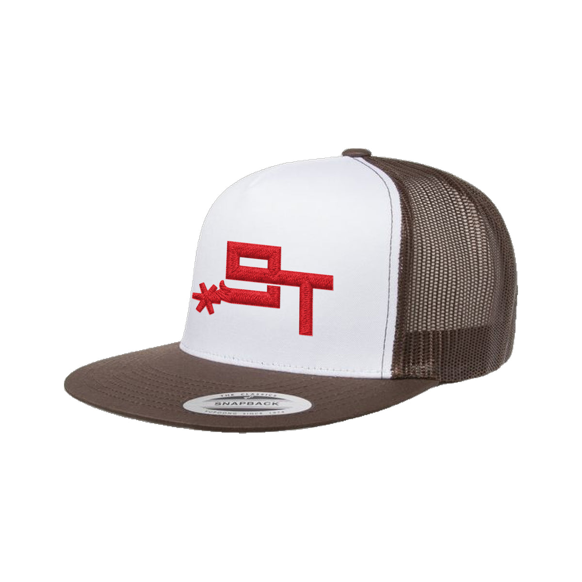 9T Spur Yupoong 6006 Hat / Brown/White/Brown / Red / angle on white