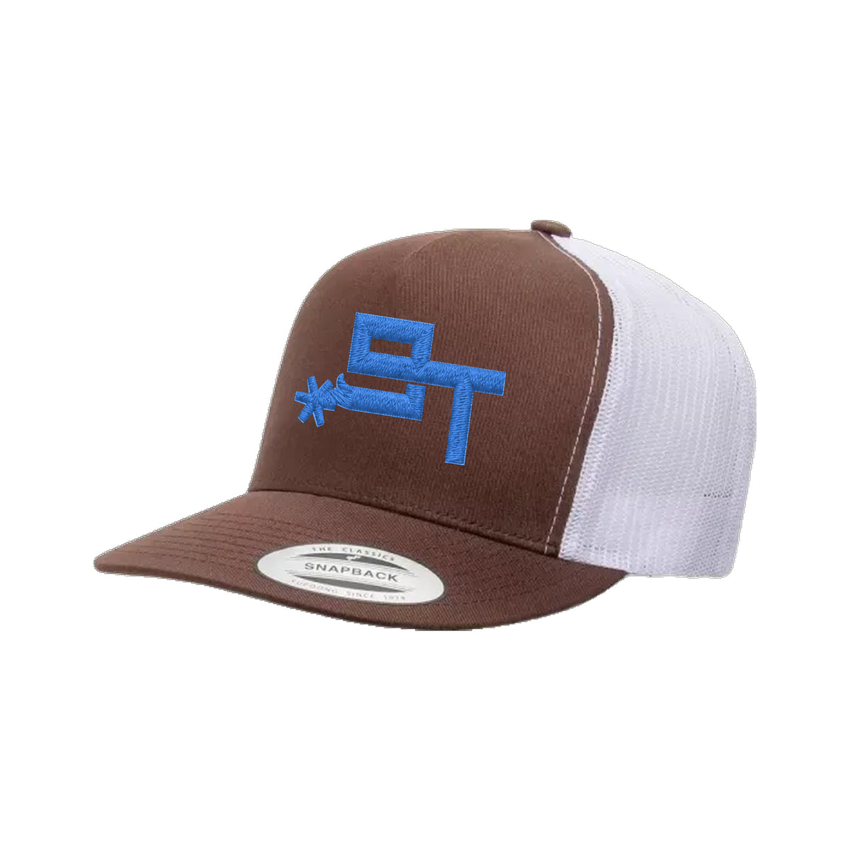 9T Spur Yupoong 6006 Hat / Brown/White / Blue / angle on white