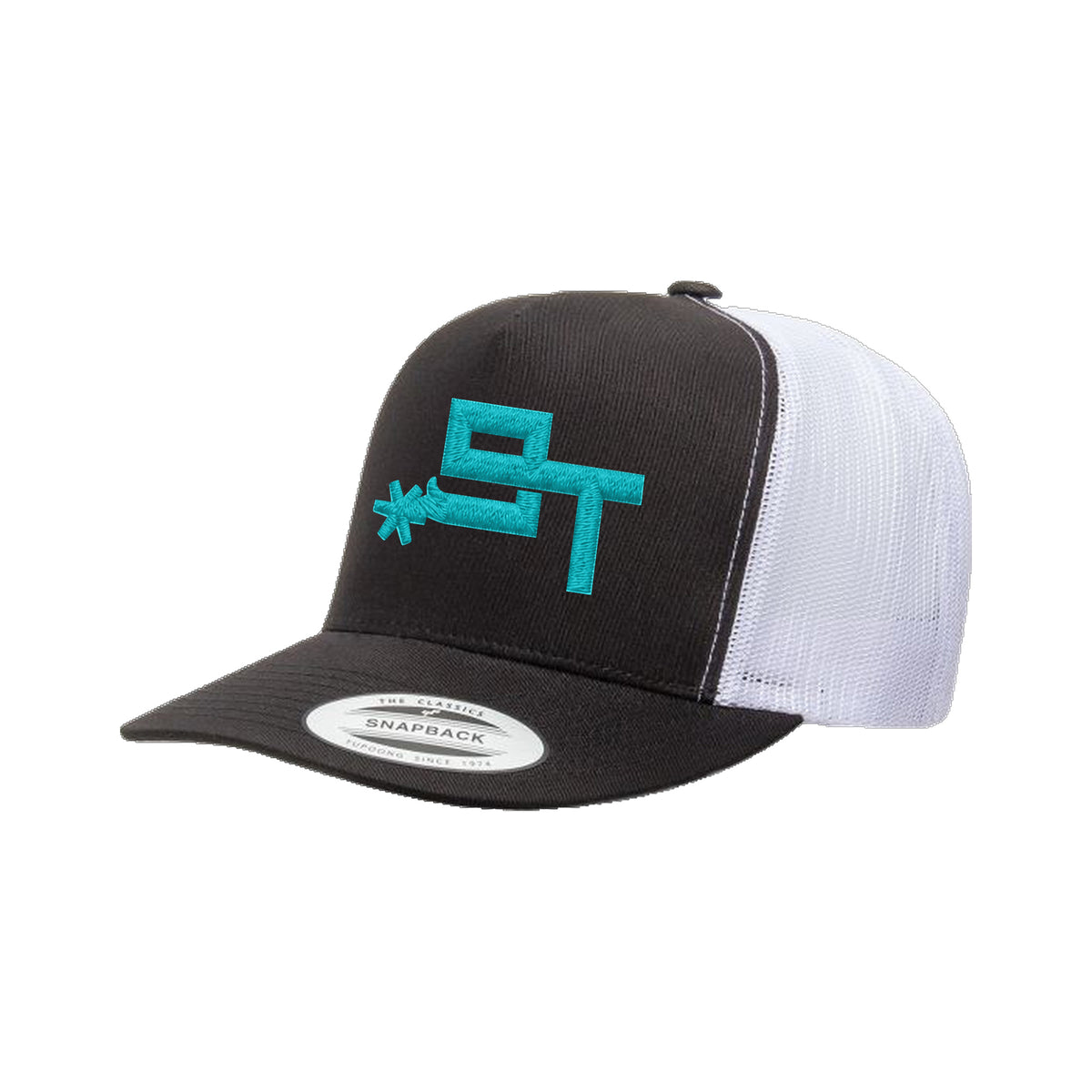 9T Spur Yupoong 6006 Hat / Black/White / Teal / angle on white