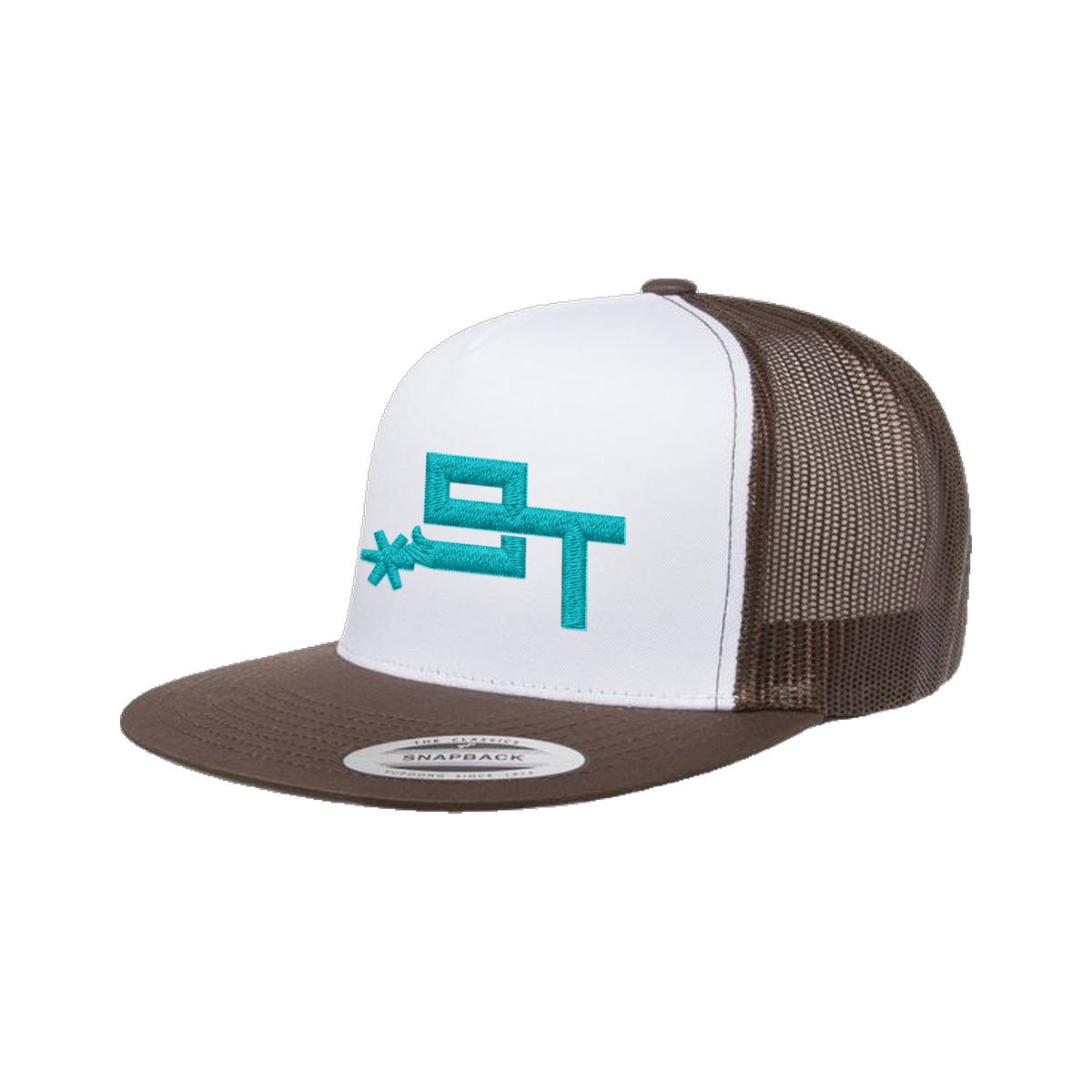 9T Spur Yupoong 6006 Hat / Brown/White/Brown / Teal / angle on white