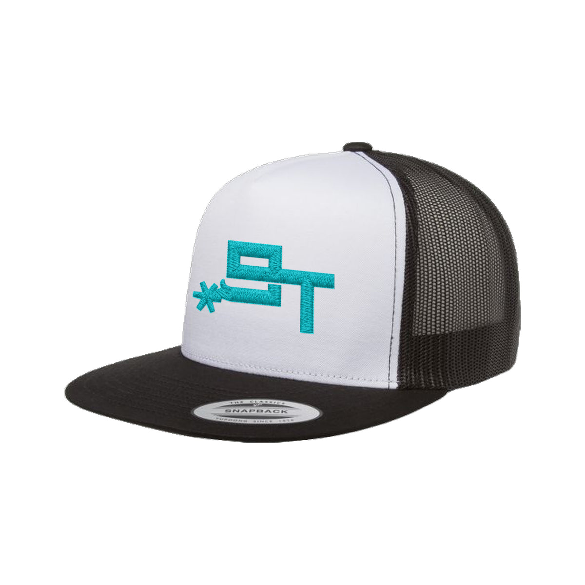 9T Spur Yupoong 6006 Hat / Black/White/Black / Teal / angle on white