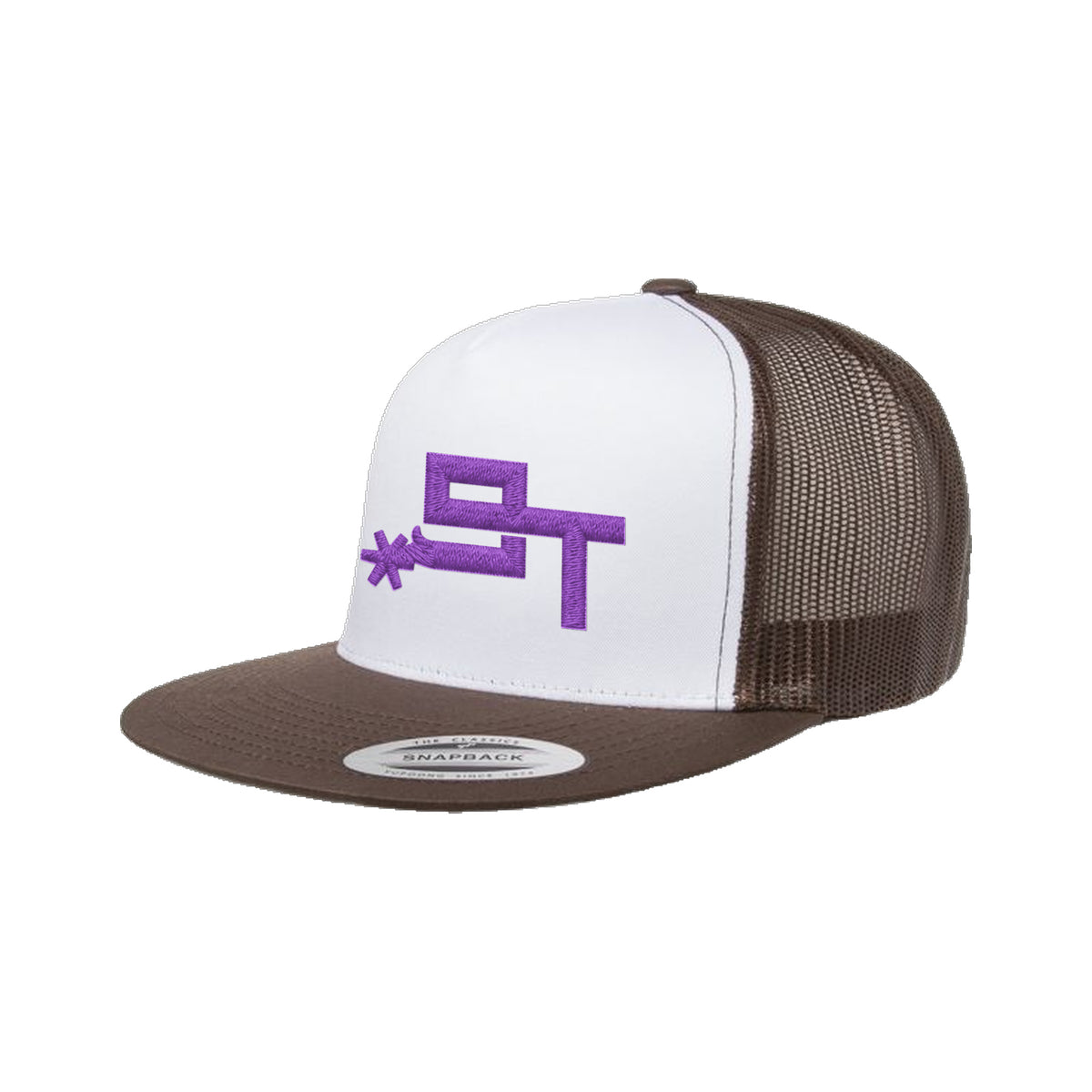 9T Spur Yupoong 6006 Hat / Brown/White/Brown / Purple / angle on white