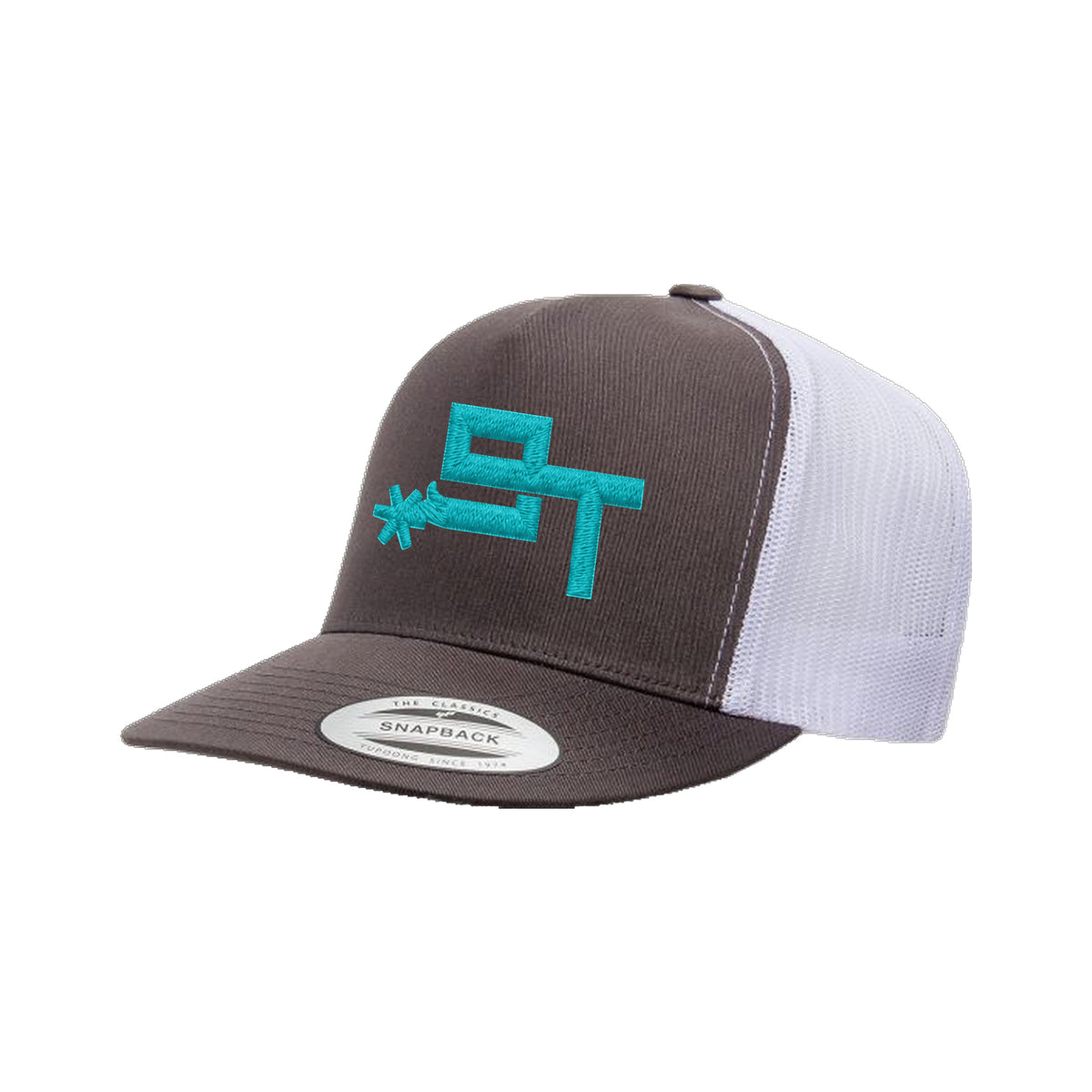 9T Spur Yupoong 6006 Hat / Charcoal/White / Teal / angle on white