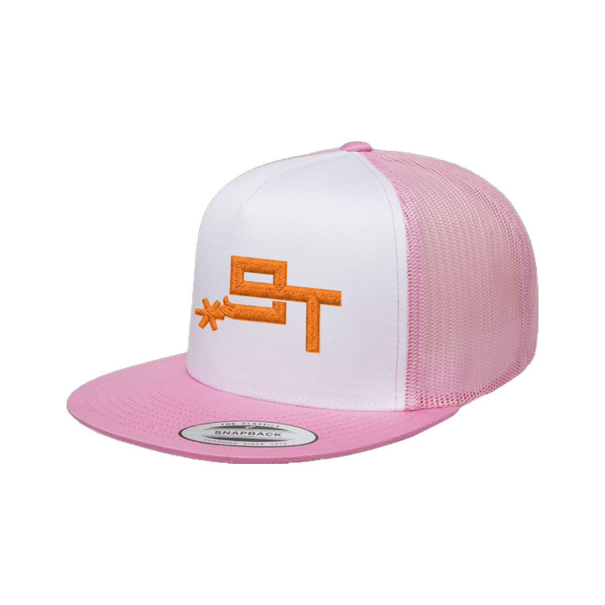 9T Spur Yupoong 6006 Hat / Pink/White/Pink / Orange / angle on white