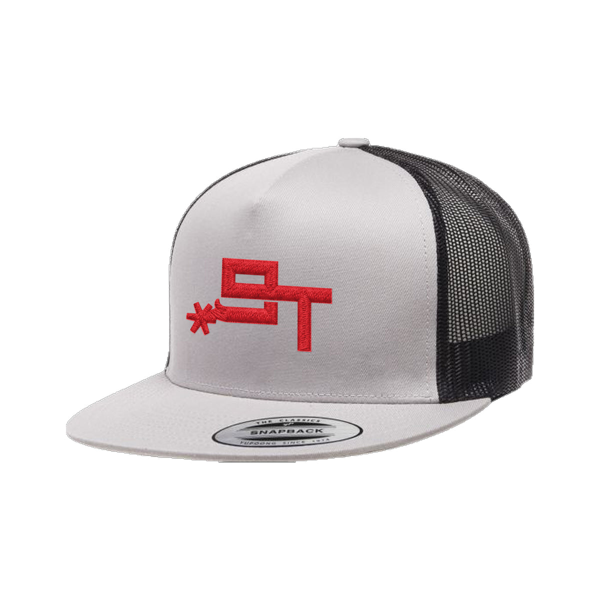 9T Spur Yupoong 6006 Hat / Black/Silver / Red / angle on white