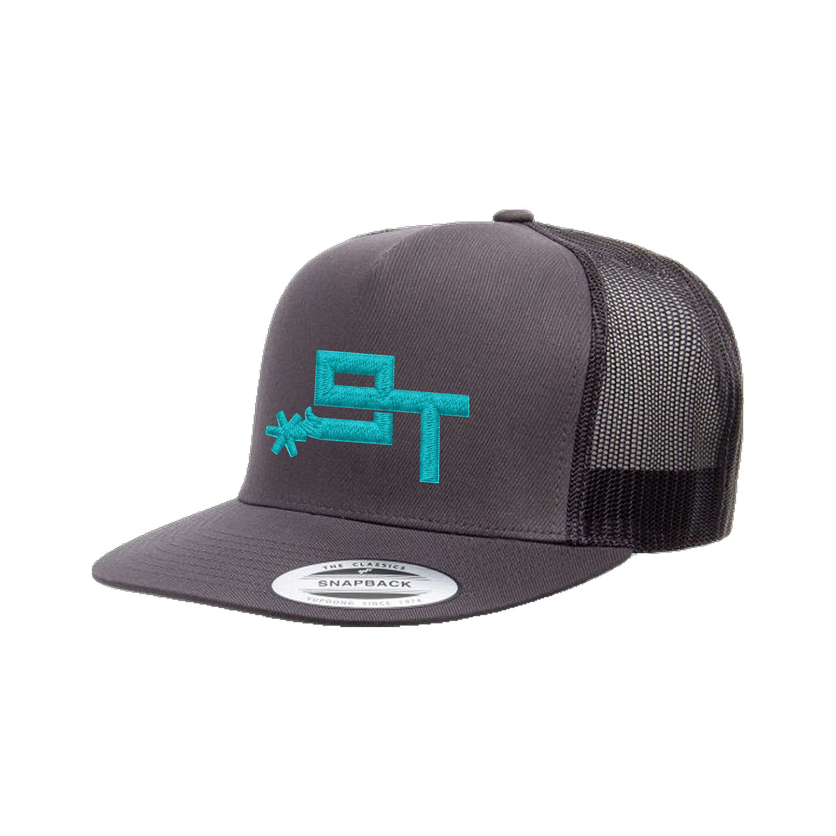 9T Spur Yupoong 6006 Hat / Charcoal / Teal / angle on white