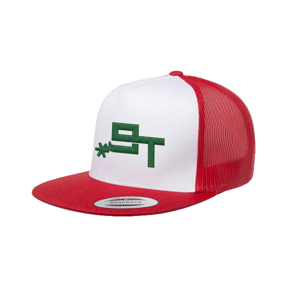 9T Spur Yupoong 6006 Hat / Red/White/Red / Dark Green / angle on white