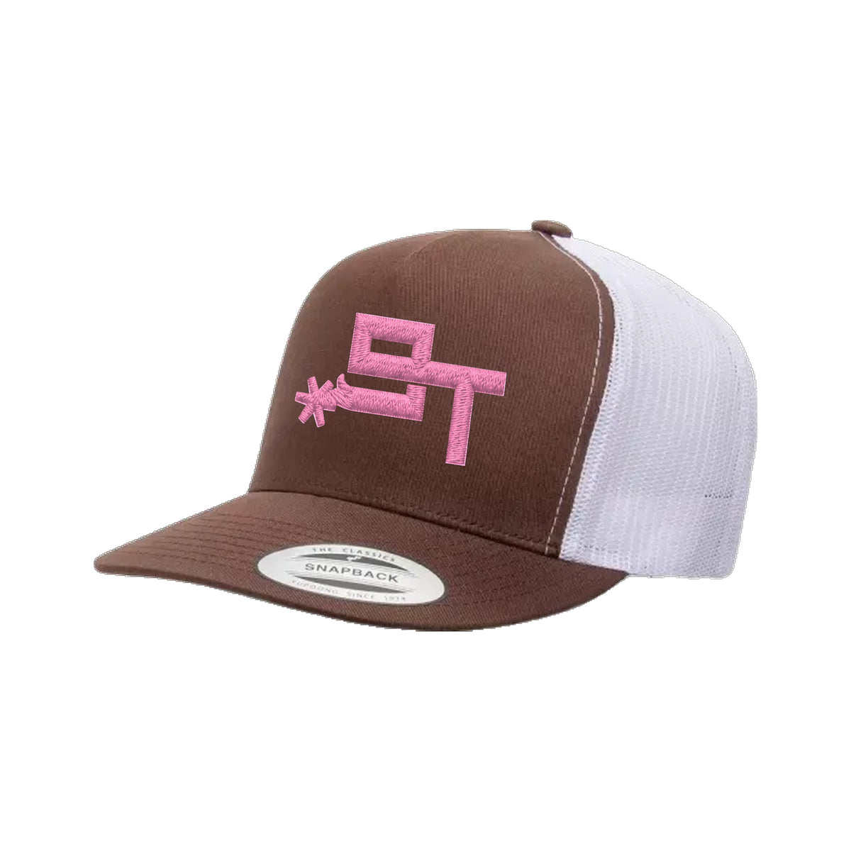 9T Spur Yupoong 6006 Hat / Brown/White / Pink / angle on white
