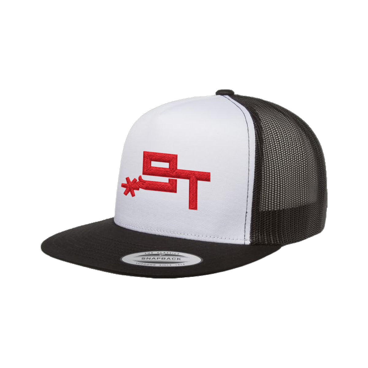 9T Spur Yupoong 6006 Hat / Black/White/Black / Red / angle on white