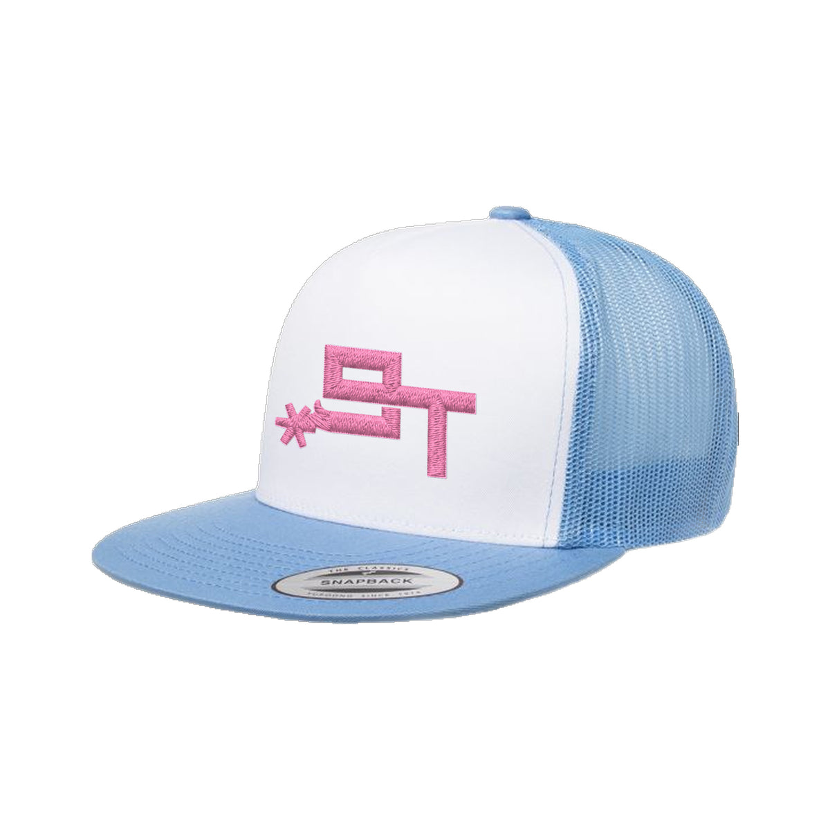 9T Spur Yupoong 6006 Hat / Carolina Blue/White/Carolina Blue / Pink / angle on white
