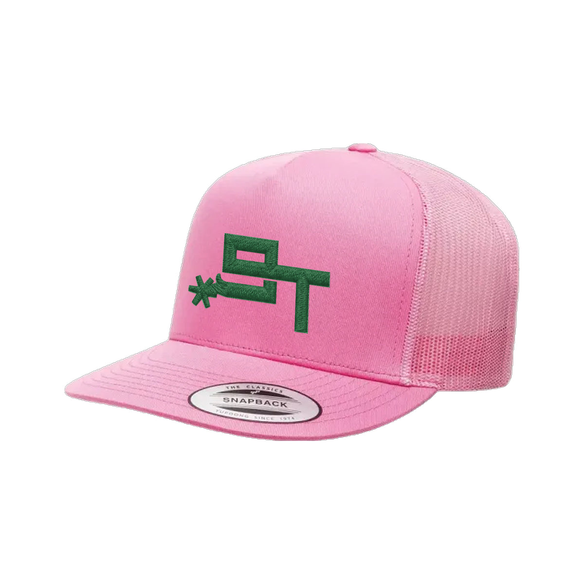 9T Spur Yupoong 6006 Hat / Pink / Dark Green / angle on white