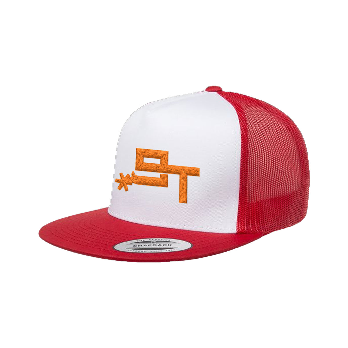 9T Spur Yupoong 6006 Hat / Red/White/Red / Orange / angle on white