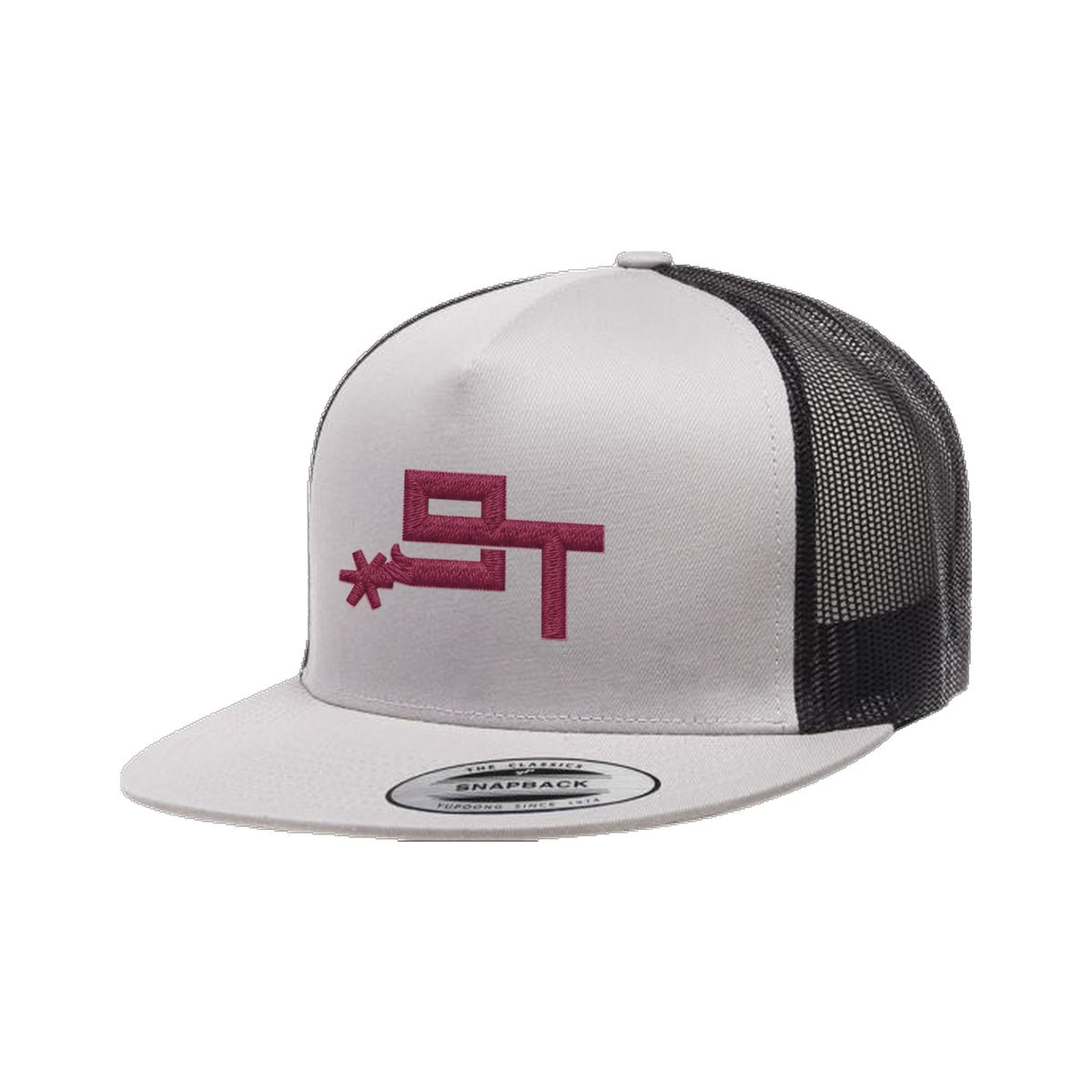 9T Spur Yupoong 6006 Hat / Black/Silver / Maroon / angle on white