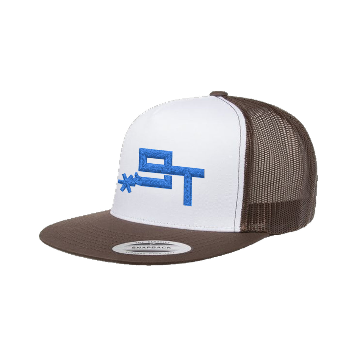 9T Spur Yupoong 6006 Hat / Brown/White/Brown / Blue / angle on white