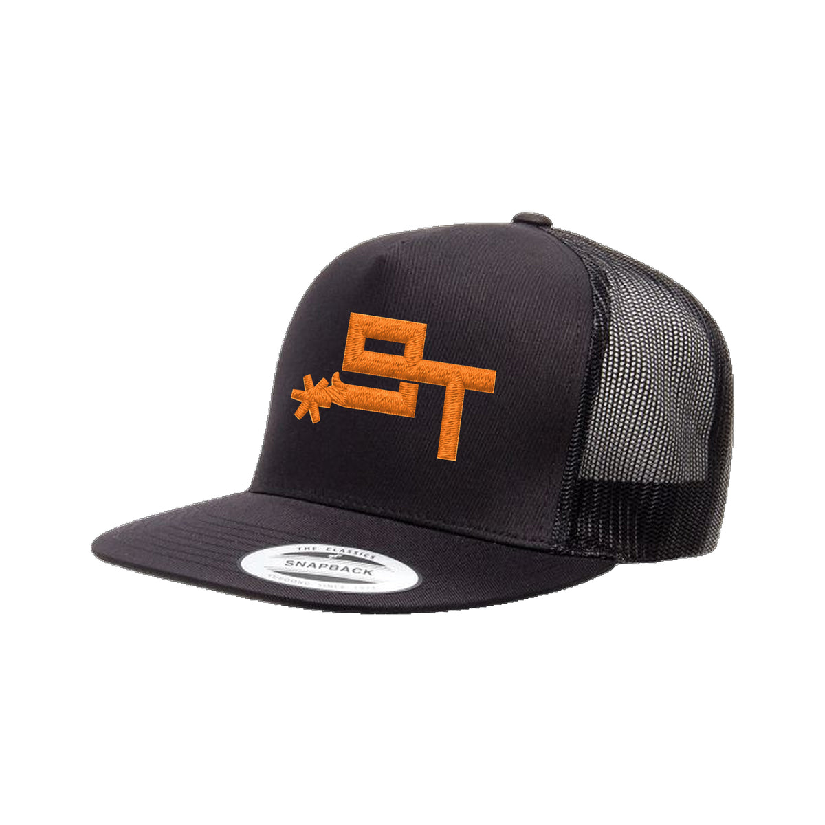9T Spur Yupoong 6006 Hat / Black / Orange / angle on white