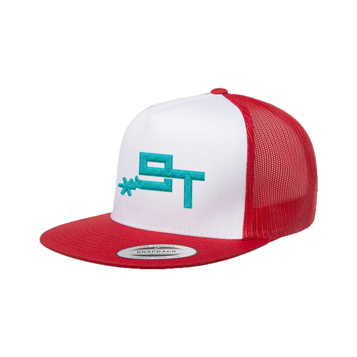 9T Spur Yupoong 6006 Hat / Red/White/Red / Teal / angle on white
