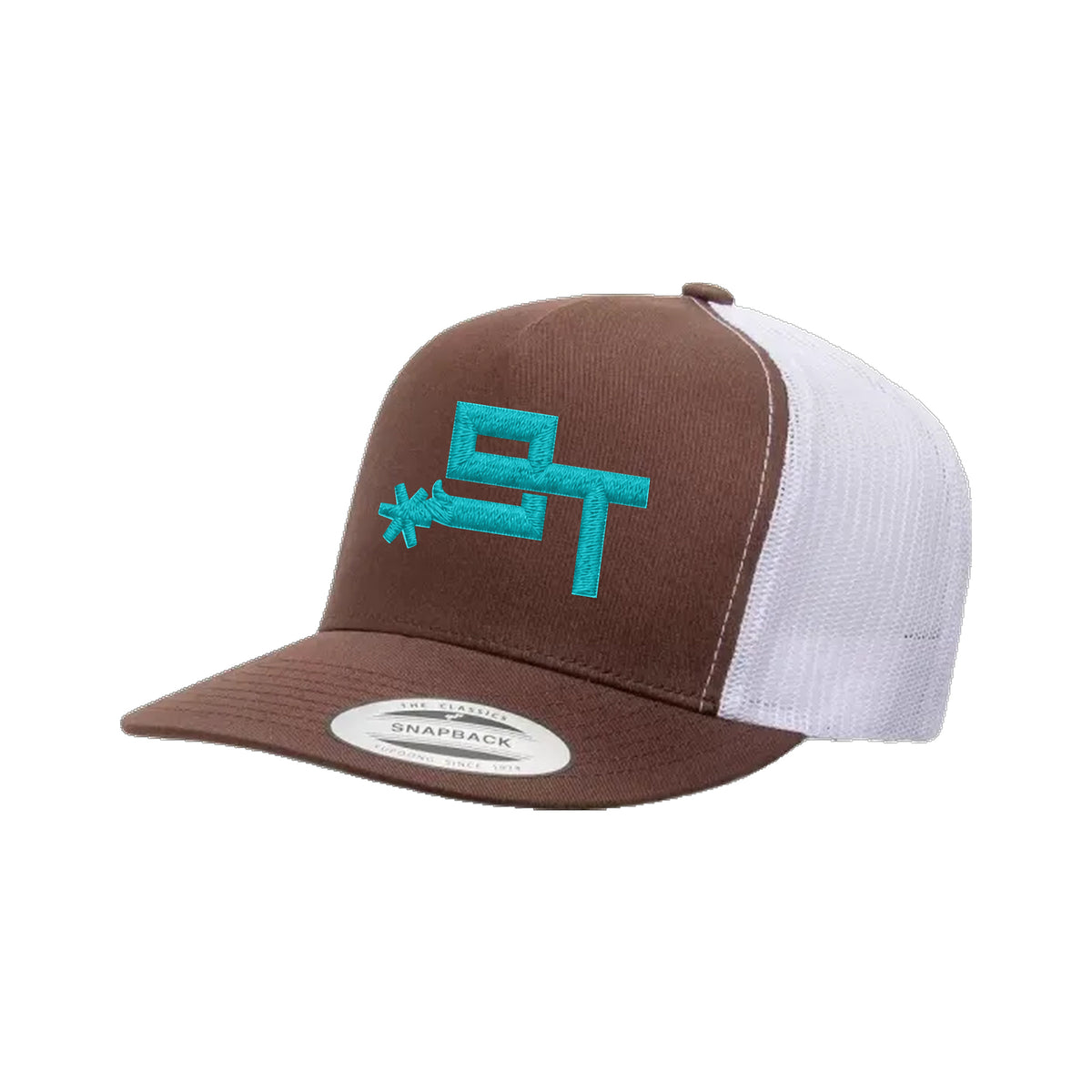 9T Spur Yupoong 6006 Hat / Brown/White / Teal / angle on white