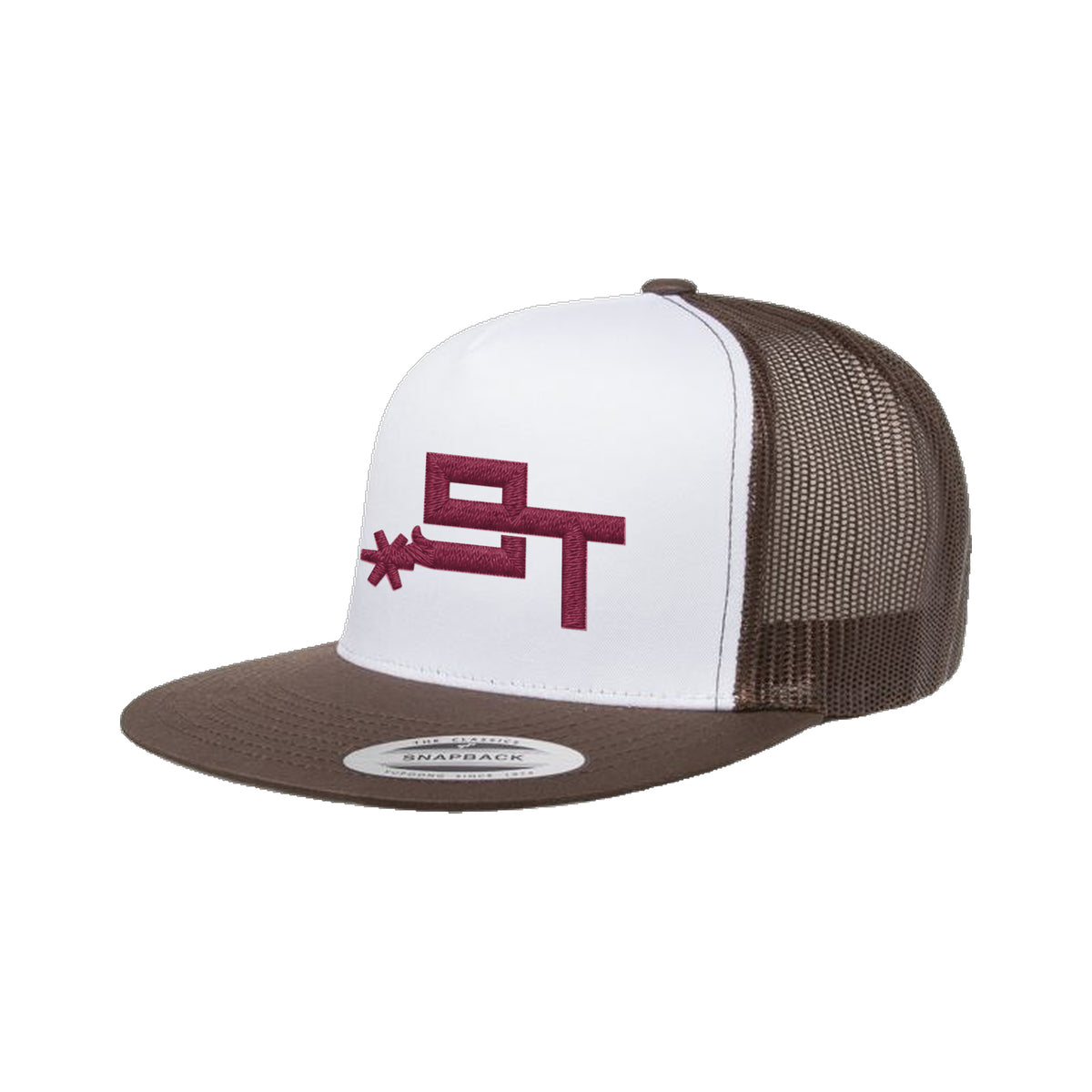 9T Spur Yupoong 6006 Hat / Brown/White/Brown / Maroon / angle on white