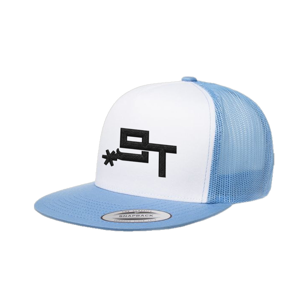 9T Spur Yupoong 6006 Hat / Carolina Blue/White/Carolina Blue / Black / angle on white