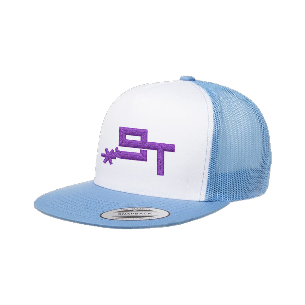 9T Spur Yupoong 6006 Hat / Carolina Blue/White/Carolina Blue / Purple / angle on white