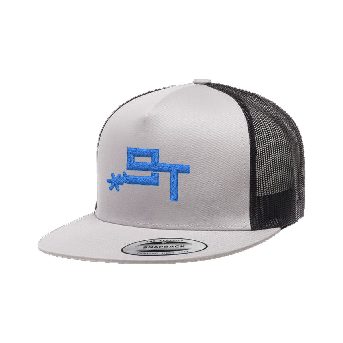 9T Spur Yupoong 6006 Hat / Black/Silver / Blue / angle on white