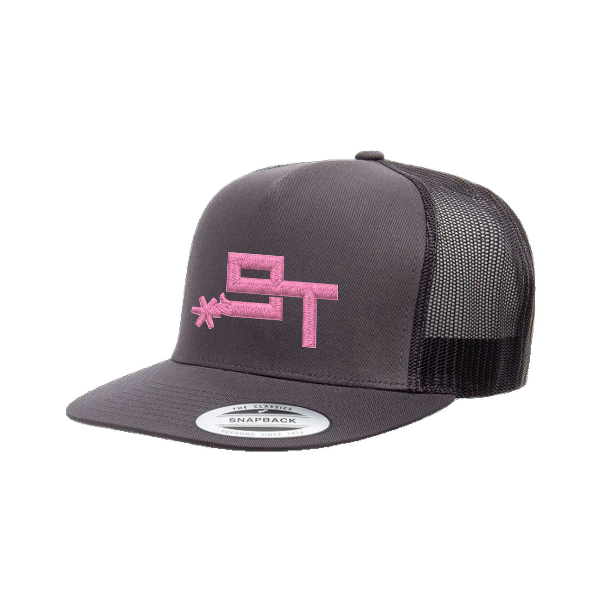 9T Spur Yupoong 6006 Hat / Charcoal / Pink / angle on white