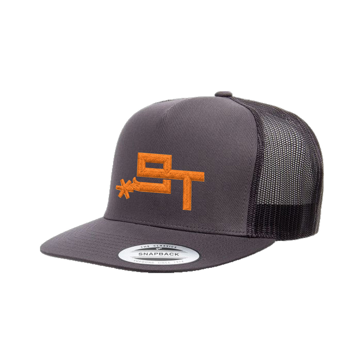 9T Spur Yupoong 6006 Hat / Charcoal / Orange / angle on white