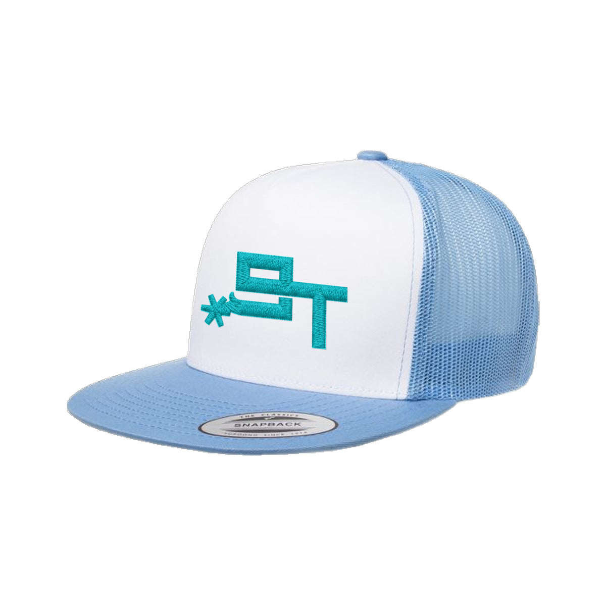 9T Spur Yupoong 6006 Hat / Carolina Blue/White/Carolina Blue / Teal / angle on white