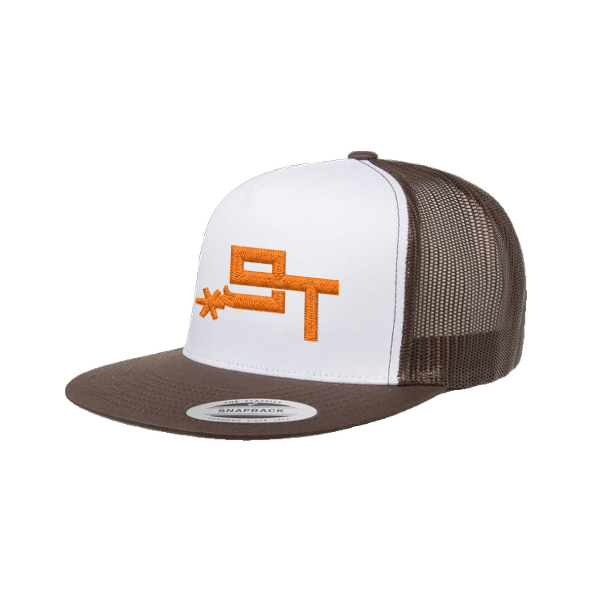 9T Spur Yupoong 6006 Hat / Brown/White/Brown / Orange / angle on white