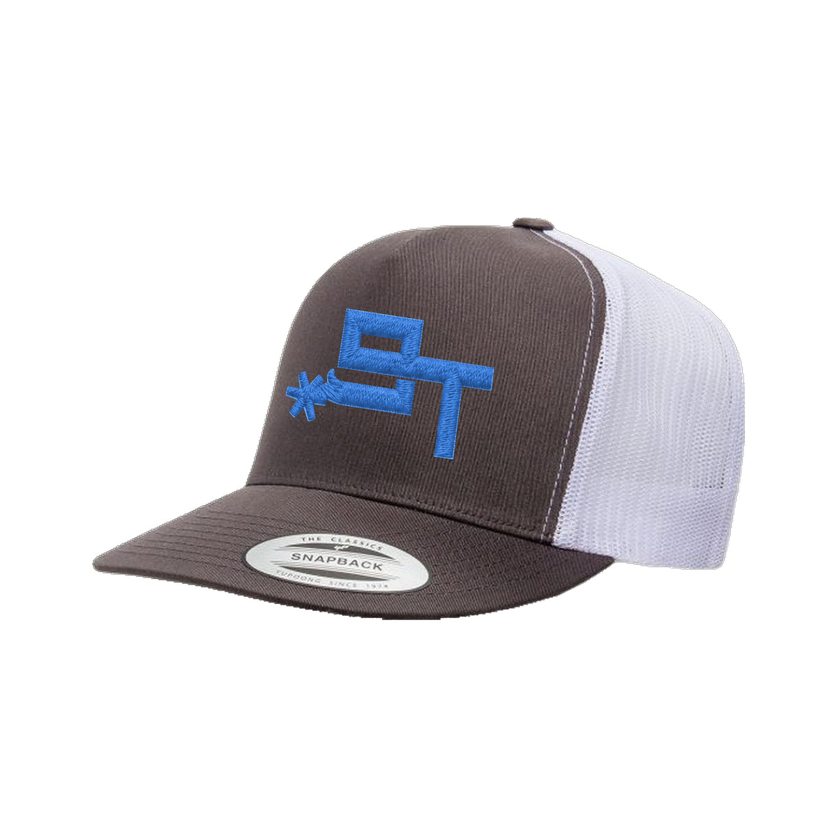 9T Spur Yupoong 6006 Hat / Charcoal/White / Blue / angle on white
