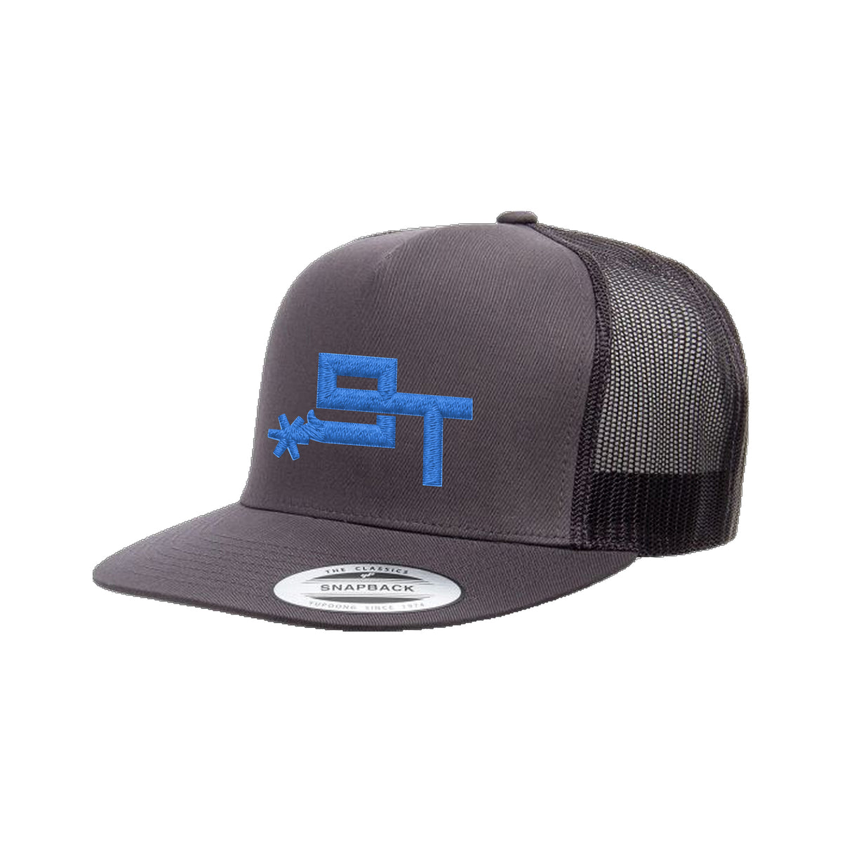 9T Spur Yupoong 6006 Hat / Charcoal / Blue / angle on white