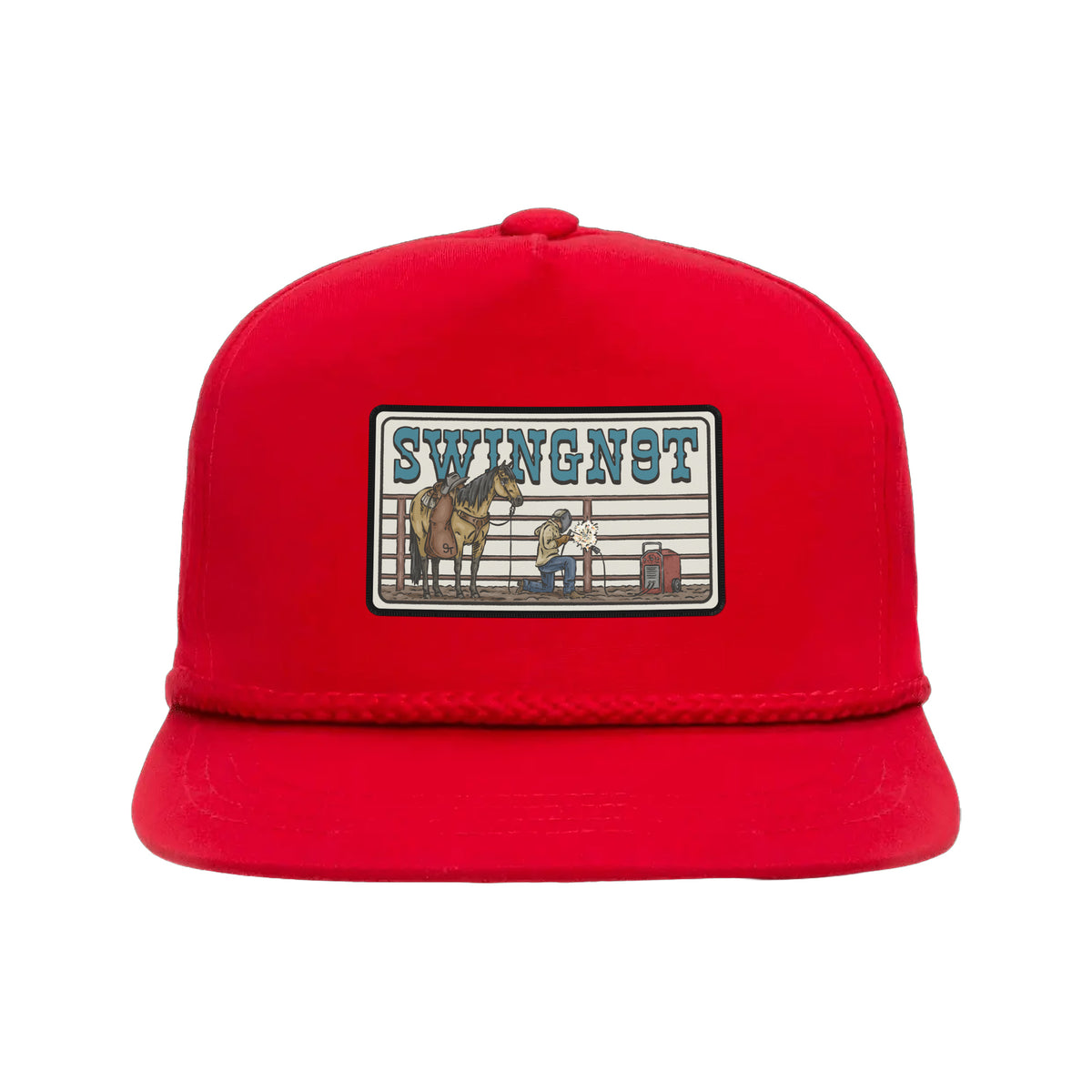 Welder Patch Yupoong 6002 Hat / Red / angle on white