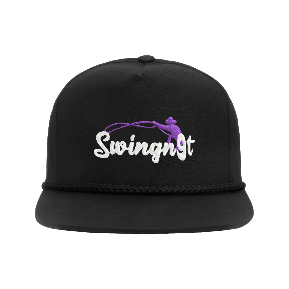 SwingN9T Roping Yupoong 6002 Hat / Black / White/Purple / angle on white
