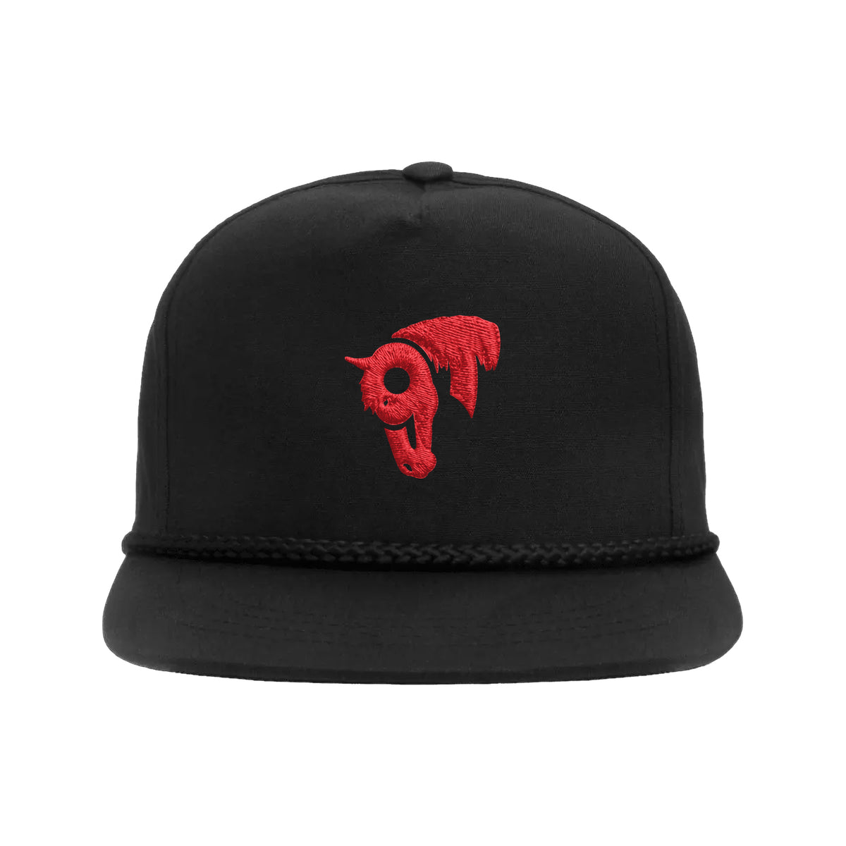 9T Horse Yupoong 6002 Hat / Black / Red / angle on white