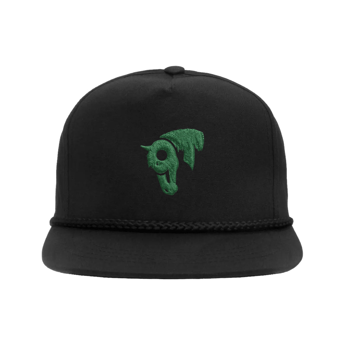 9T Horse Yupoong 6002 Hat / Black / Dark Green / angle on white