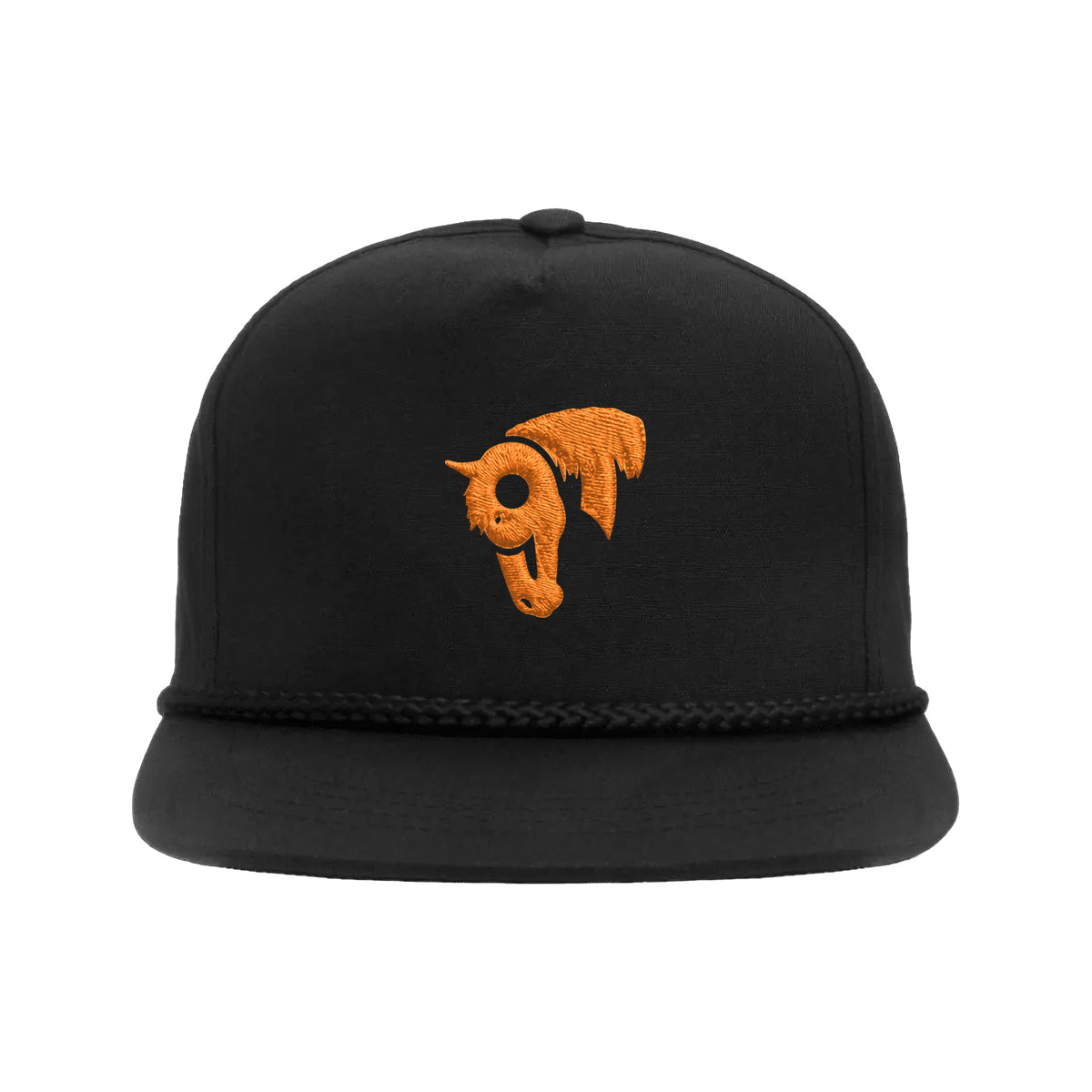 9T Horse Yupoong 6002 Hat / Black / Orange / angle on white