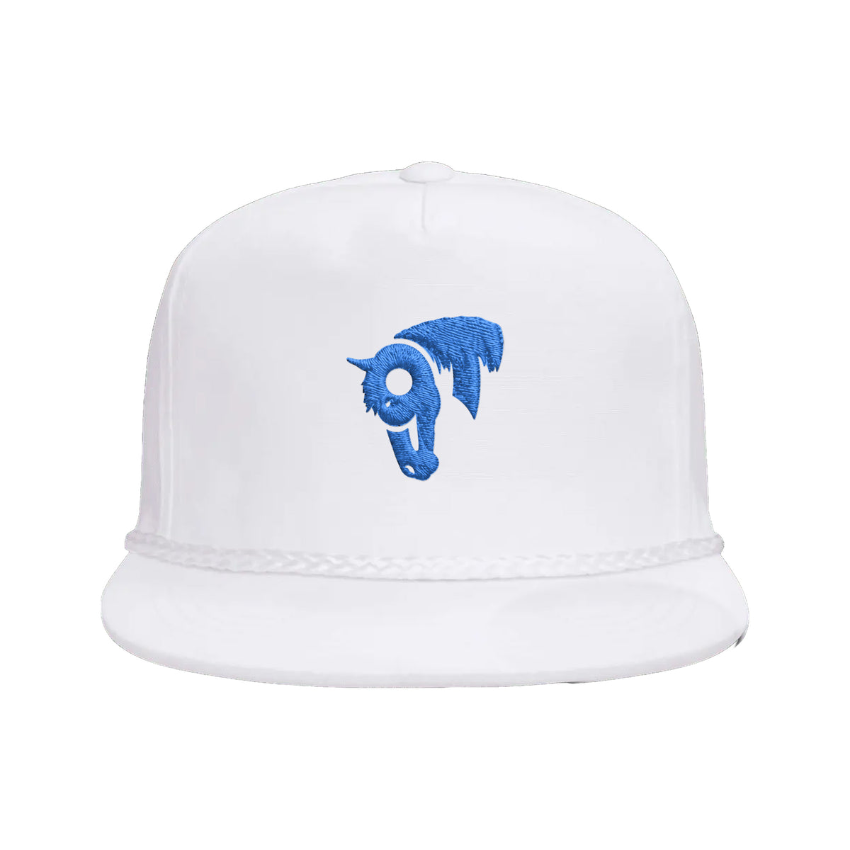 9T Horse Yupoong 6002 Hat / White / Blue / angle on white