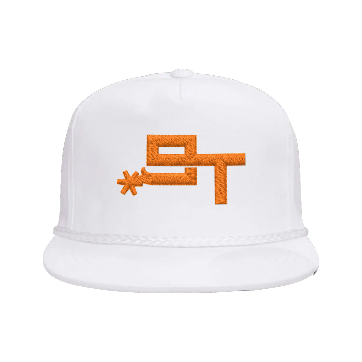9T Spur Yupoong 6002 Hat / White / Orange / angle on white